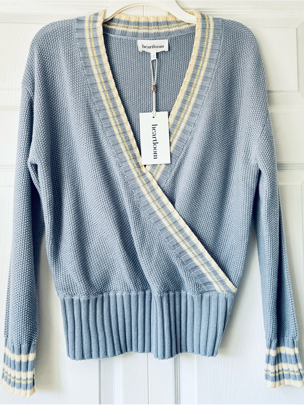 Heartloom Light Blue Wrap-Style Knit Cardigan with Cream Trim - size L